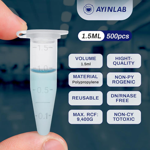 Microcentrifuge Tubes 1.5ml, AyinLab 500pcs Polypropylene Plastic Tubes with Leak-Proof Snap Caps