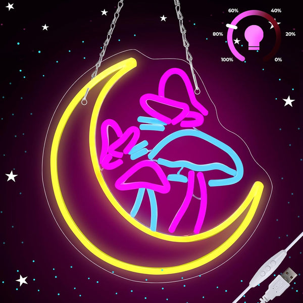 SERBASIC Moon Mushroom Neon Sign Dimmable,Cute Neon Lights for Wall Decor USB Powered,Mushroom