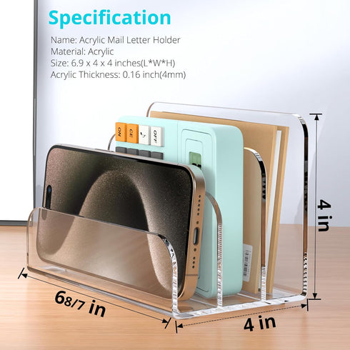 Mail Organizer Countertop, 3 Section Clear Acrylic Small File Holders for Desk, Modern Document Accessories
