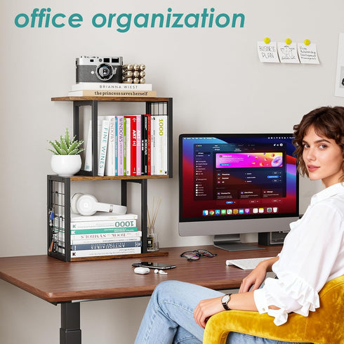 Vfelf Bookshelf,3-Tier Desktop Desk Organizer Shelf with Hooks Desk Organization Deals for Office Storage Rustic Brown