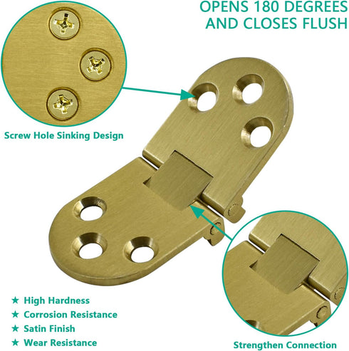 4pcs Round Edge Hinge, Brass Butler Tray Hinge with Screws, 180 Degree Folding Flip Top Hinge for Furniture
