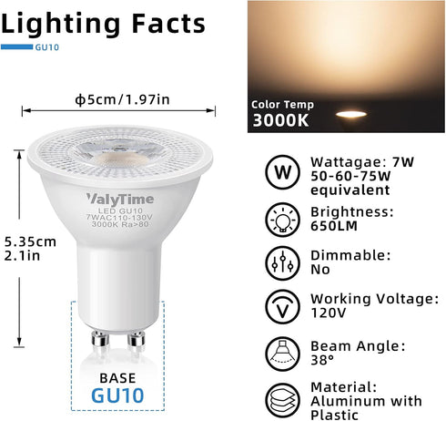 GU10 LED Light Bulbs 7W (50W -60W-75W Equivalent) GU10 Shape Halogen Replacement Bulb 38 120V 650Lm Non-dimmable for Track Spot Lighting Indoor Recessed,Warm White 3000K,8 Pack by Valytime