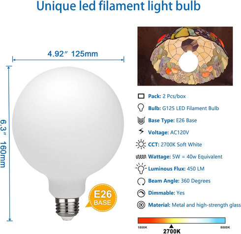 2 pack G40/G125 Globe LED Bulb, Warm White 2700K Dimmable LED Globe Bulb, 5W Equivalent 40W LED Globe Light Bulbs, CRI 90+, Milky Glass, LED Bulb for Bathroom Vanity Mirror, E26 Base by MYEMITTING