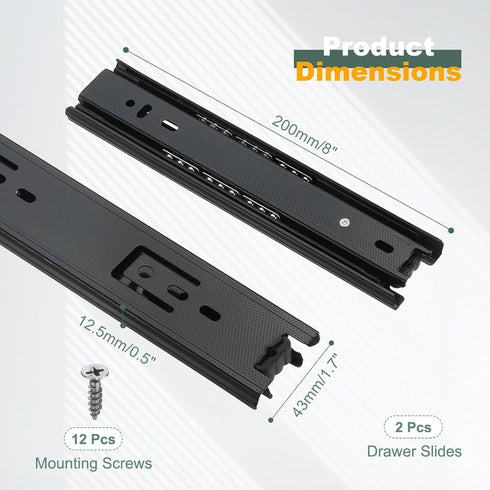 8 1.7 Inch 2Pcs PATIKIL x Drawer Slides, Steel Full Extension Ball Bearing Side Mounted Rails with Mounting Screws