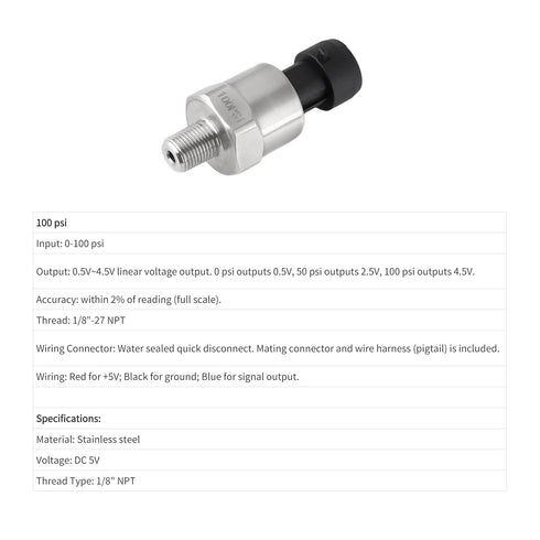 100 Psi Pressure Transducer Sensor for Oil, Fuel, Air, Water, 1/8" NPT Thread