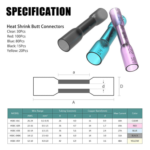 Heat Shrink Butt Connectors, 245Pcs Insulated Waterproof Electrical Wire Connector Kit for Automotive and Marine