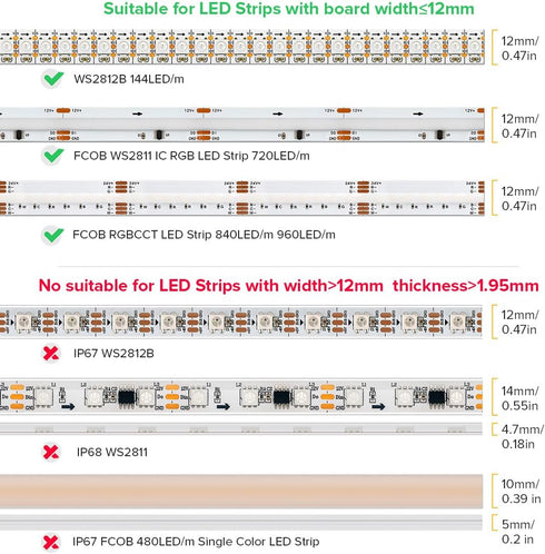 20Pcs 12mm IP30/65 BTF-LIGTHING Transparent Strip Light Clips,Self Adhesive with Screws Mounting Holder, LED Strong