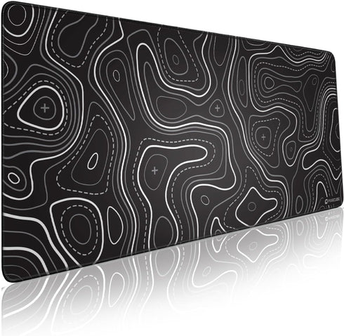 Minimalist Topographic Map Mouse Pad, Extended Large Black & White Non-Slip XXL Gaming Desk Mat with Stitch Edge