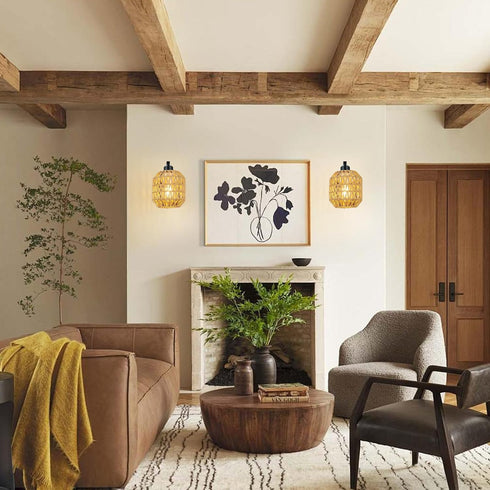 1Pack lobolighting Boho Rattan Wall Sconces Hardwired Hand-Woven Farmhouse Wall Lamps Indoor Rustic Wall Mount Light