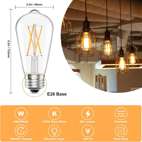 12 Pack Dimmable Bulbs 60Watt, E26 Bulbs 60 2700K, ST58 Bulb 6W 600LM MorningLight Vintage LED Edison LED Edison Watt