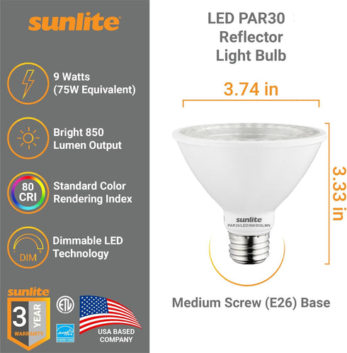 Sunlite LED PAR30 Short Neck Flood Light Bulb, 9 Watt, (75W Equivalent), 850 Lumens, Medium Screw (E26) Base, Dimmable, ETL Listed, Energy Star, 2700K Soft White, 6 Count by Sunlite