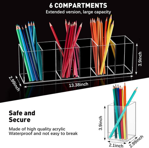 Juexica 4 Pack Clear Pencil Holder, Acrylic 6 Compartments Makeup Brush Organizer for Desk Accessories