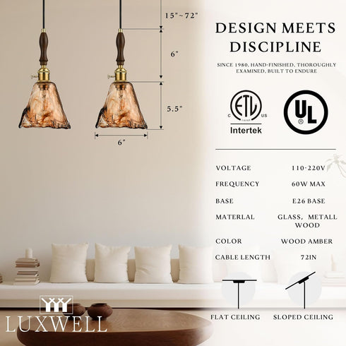 6"x11.5" 15"-72" E26 Modern Amber Glass Pendant Light, Floral Bell-Shaped Hanging Light with Wood Handle & Brass Cap