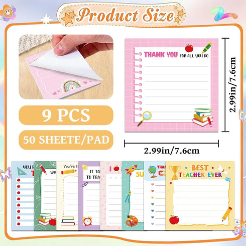 9 Teacher Appreciation Week Gifts Sticky Notes - Pcs Cute Self Stick Notepads Apple Pen Book Design Adhesive Memo Pad