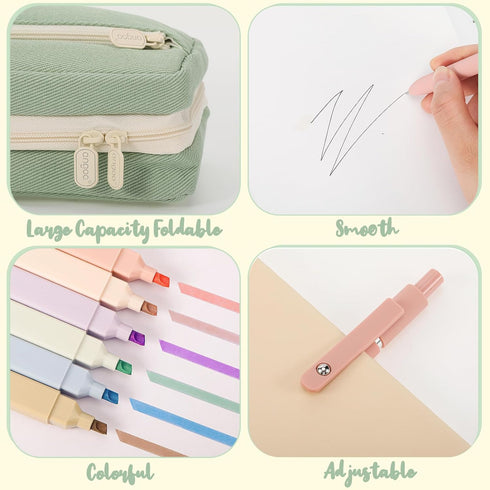 Ctosree 25 Pcs Aesthetic School Supplies, Big Capacity Pencil Case, 6 Pcs Cute Pastel Highlighters, 5 Pcs Retractable
