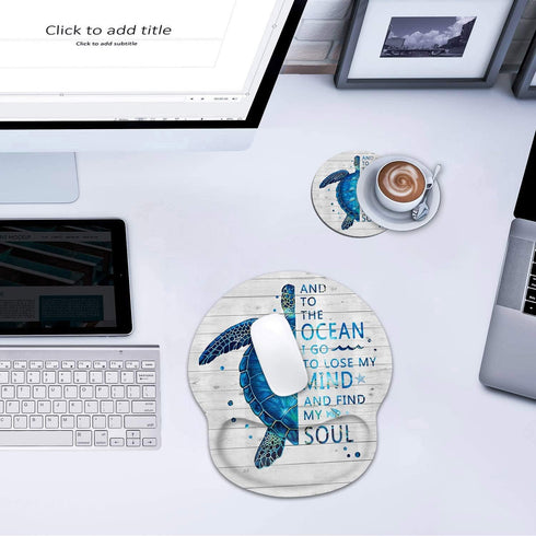Ergonomic Mouse Pad Wrist Support and Coffee Coaster, Funny Words with Blue Sea Turtle on Rustic Wooden Board Design