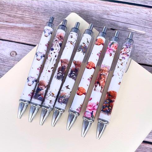 YJ PREMIUMS 7 PC Cow Pens | Cute Highland Cow Print Floral Kawaii Aesthetic School Office Supplies