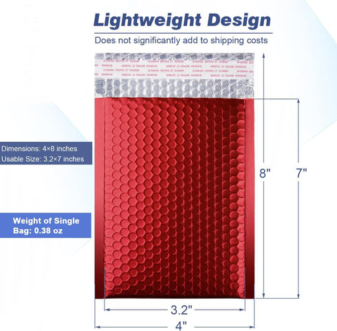 Metallic Matte Red Bubble Mailers, 4x8 Inch Durable Padded Envelopes, Pack of 25 with Secure Self-Seal Closure