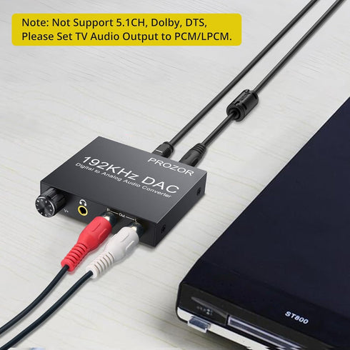 PROZOR Digital to Analog Audio Converter, 192KHz Optical to RCA Adapter, Volume Adjustable DAC with Optical Cable