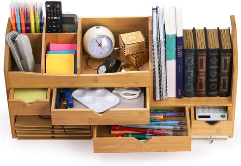 Lawei Bamboo Desk Organizer with Adjustable File Holder, Mini Desk Drawer Tabletop Organization Box with 4 Drawers for