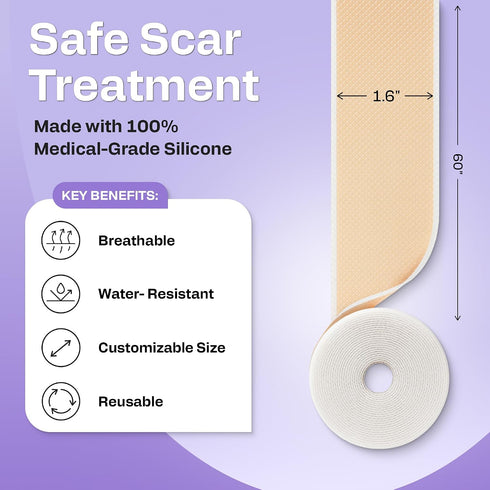 1.6" 60" AWD Medical Enhanced Silicone Scar Tape Roll, x Reusable Medical-Grade, Cut-to-Fit for C-Section, Surgery