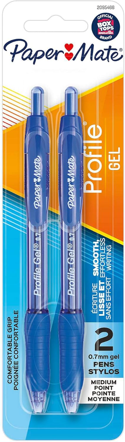 Paper Mate Gel Pen Profile Retractable 0.7mm Blue, 2 Count for Smooth Writing