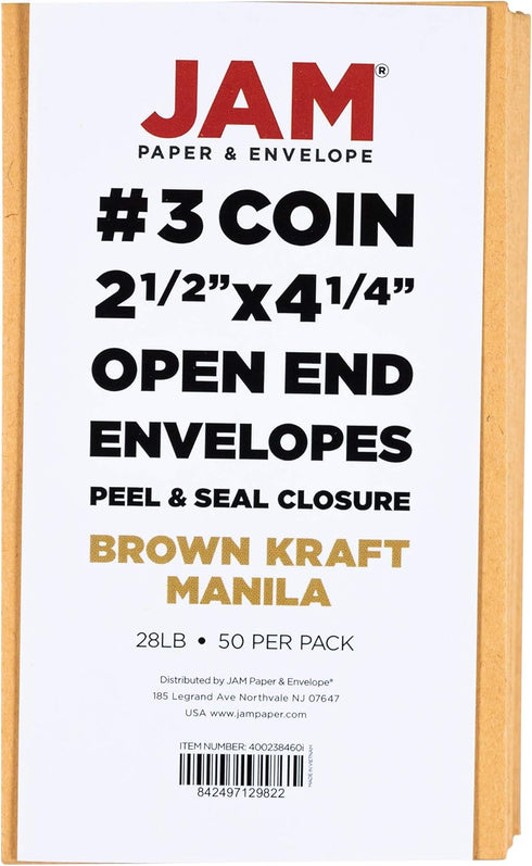 JAM PAPER #3 Coin Business Envelopes - 50 Pack, Peel and Seal Closure, Brown Kraft Manila