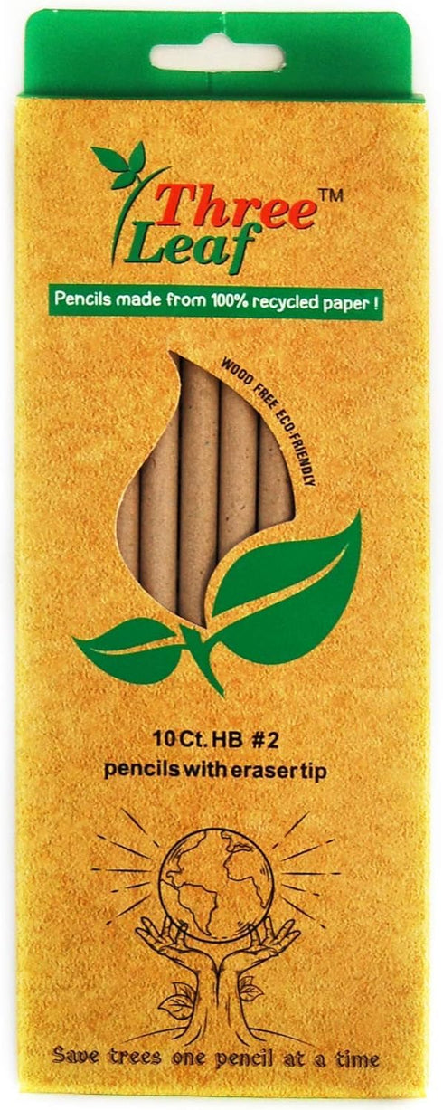 three leaf Recycled Paper Pencils, Pack of 10, Eco-Friendly, Non-Toxic Wood Free Pencil with Latex Free Eraser