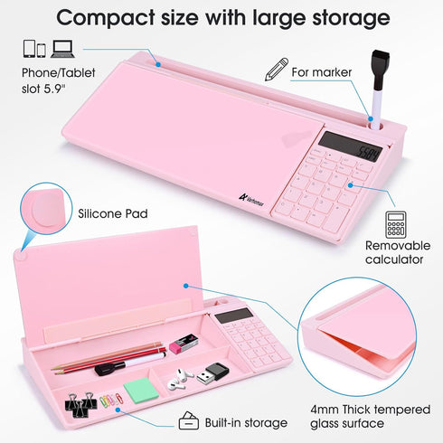 Varhomax Glass Desk Whiteboard Pink with Calculator, Desktop Dry Erase Board with Storage for Home and Office