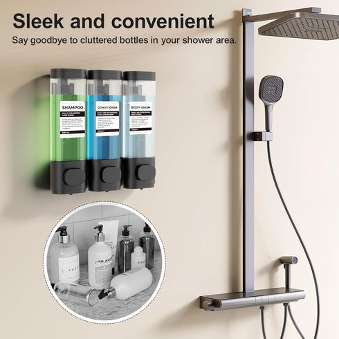 3-Chamber Wall Mounted Shampoo and Conditioner Dispenser - 300ML Each, Easy Refill, No Drip for Bathroom