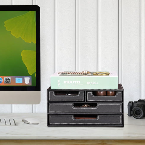 KINGFOM PU Leather Desk Organizer with 4 Drawers, Small Desktop Organizer for Office Supplies