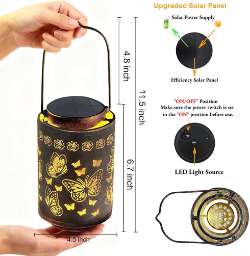 Outdoor Solar Butterfly Lantern Waterproof, Hanging Metal Garden Lantern with Warm Butterfly Projection, Decorative