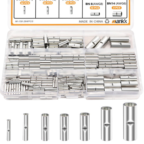 284PCS Non Insulated Butt Connectors Assortment Kit - Tinned Red Copper 26-6 Gauge Crimp Connectors