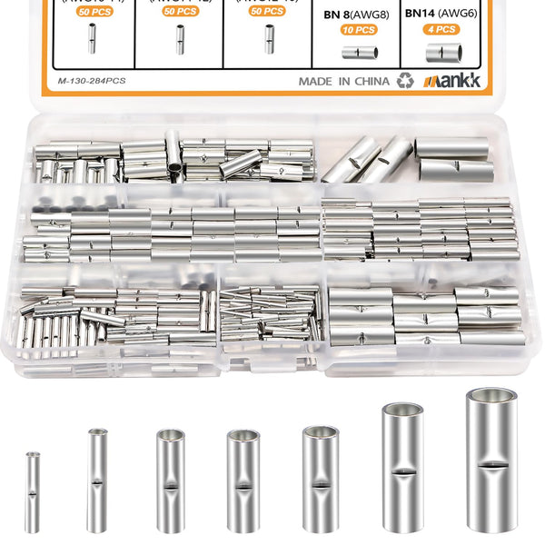 284PCS Non Insulated Butt Connectors Assortment Kit - Tinned Red Copper 26-6 Gauge Crimp Connectors