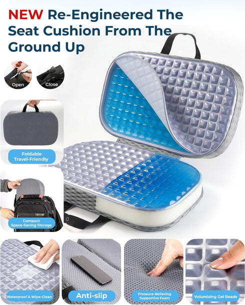 Yalfero Tailbone Gel Enhanced Travel Airplane Seat Cushion for Long Flights, Waterproof Stadium Portable Memory Foam