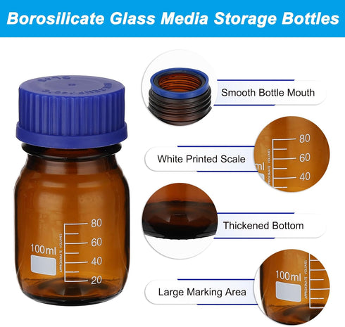 PATIKIL 3 Pack Reagent Media Storage Bottles, 100ml Borosilicate Glass Round Bottles with GL32 Blue Screw Cap for Lab