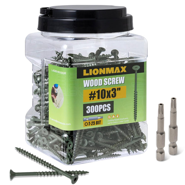 LIONMAX 3 Inch Deck Screws #10 x 3", 300 PCS Rust Resistant Epoxy Coated Outdoor Decking Screws with T25 Bit