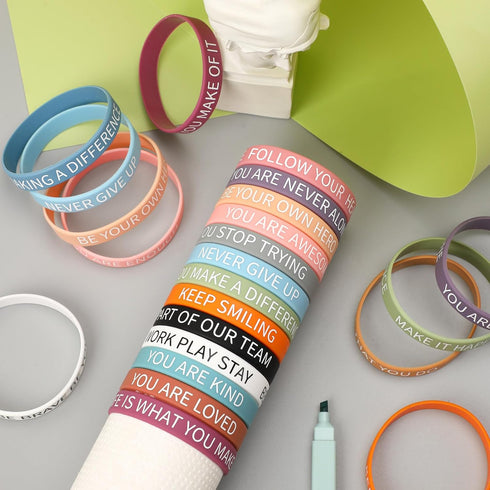 JUNEBRUSHS 64pcs Motivational Quote Silicone Bracelets, Bulk Colored Inspirational Rubber Wristbands, Unisex