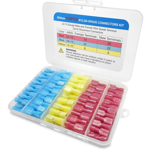 Zitehya 100Pcs Nylon Insulated Spade Connector Kit, 22-10 AWG Male & Female Quick