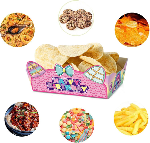 Terasilian 24Pcs Cartoon Dollhouse Food Tray Party Favors Paper Food Serving Tray Birthday Party Supplies Doll Theme