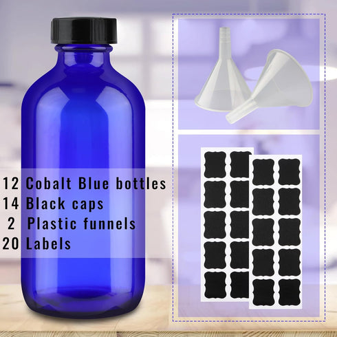12 Pack 8 oz Cobalt Blue Glass Bottles, 240ml Boston Round Sample Bottles with Black Poly Cone Caps, Labels & Funnels