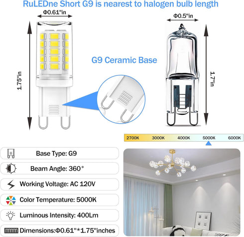 G9 Bulb 5000K Dimmable 4W (40Watt Replacment),1.77 Inch T4 Bulb, 120V 400LM G9 360 6Pack LED Daylight White, Not Height