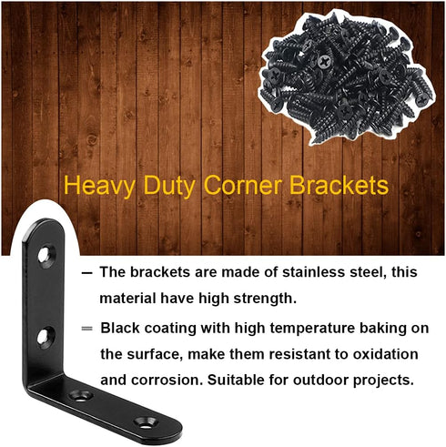 12Pcs 2.5 Inch 90 Black Corner Brace L Brackets Stainless Steel Heavy Duty Shelf Bracket for Wood, Shelves, Wall