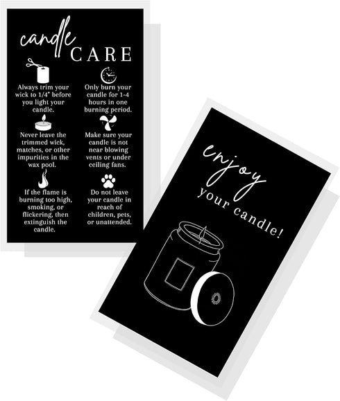 Handmade Candle Care Instruction Card - 50 Pack for Candle Makers, Black with White, 3.5 x 2 inches