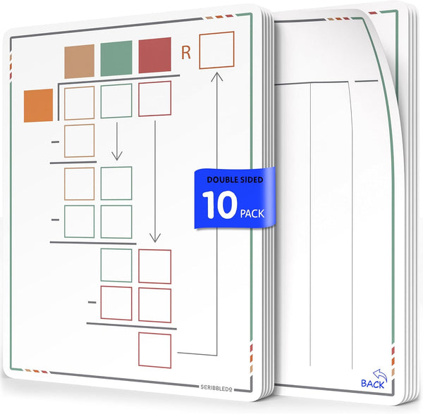 SCRIBBLEDO Division Math Practice Small White Board Dry Erase Sheets, 9”x12”, Pack of 10 for Classroom
