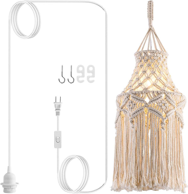 Boho Plug in Pendant Light Macrame Lamp Shade, Hanging Lamp with Plug