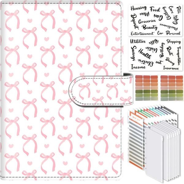 ALKKDPS Budget Binder with Cash Zipper Envelopes, Cute A6 Money Saving Binder, PU