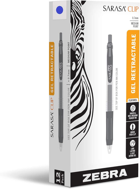 Zebra Pen Sarasa Clip Retractable Gel Pen, Medium Point, 0.7mm, Blue Ink, 12-Pack for Office Supplies