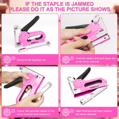 THINKOWRK 3 in 1 Light Pink Staple Gun - Home Use Upholstery with 900 Staples, Nail Gun for Wood, Fabric, DIY Repair