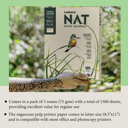 Ledesma NAT Letter Size 8.5"x11" Sugarcane Pulp Printer Paper, 75 GSM, Unbleached, 3 Reams - 1500 Sheets